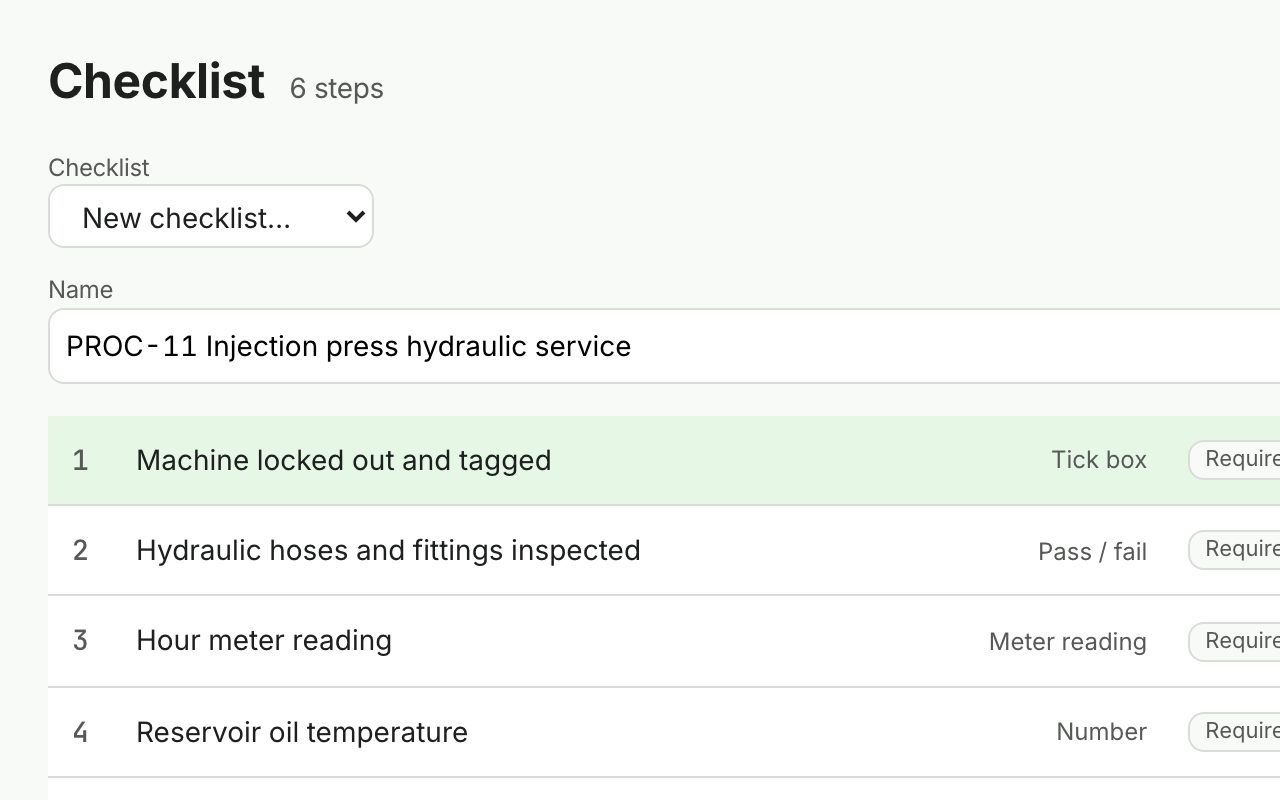 The Checklist editor: a six-step hydraulic service procedure with its field types