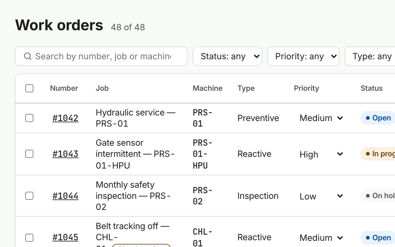 The Work orders list: number, job, machine, type, priority and status for each job